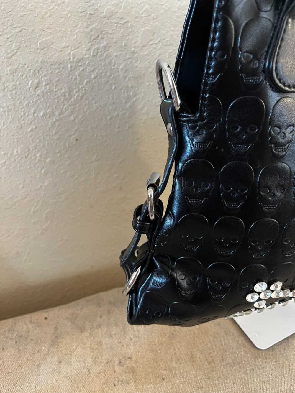 Skull Rhinestone Faux Leather Goth Mob-Wife Crossbones Studded Shoulder/Tote Bag - Picture 9 of 10